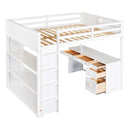 Full Size Loft Bed with Ladder, Shelves, and Desk, White