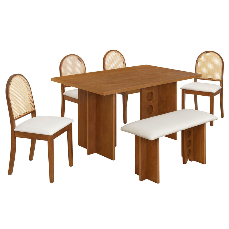 Modern Double Pedestal 6 Piece Dining Table Set, 4 Upholstered Rattan Back Dining Chairs And Bench