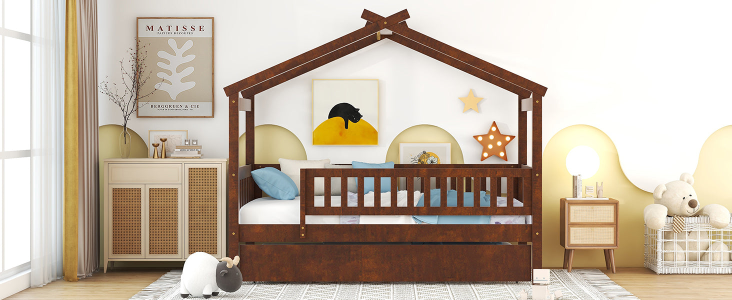 Twin Size Wooden House Bed with Twin Size Trundle, Walnut - Atlantic Fine Furniture Melbourne FL