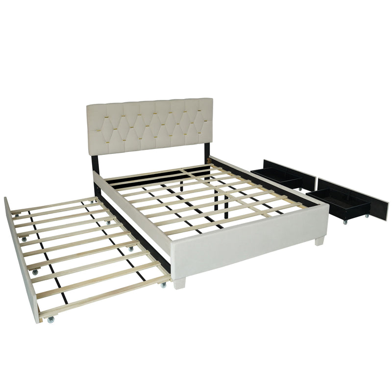 Queen Bed With Pull Out Trundle & Storage Drawers, No Box Spring Required, Space Saving Design - Beige