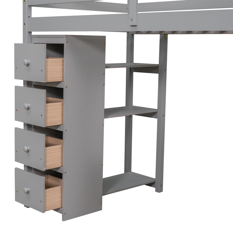 Twin size Loft Bed with Storage Drawers ,Desk and Stairs, Wooden Loft Bed with Shelves - Gray