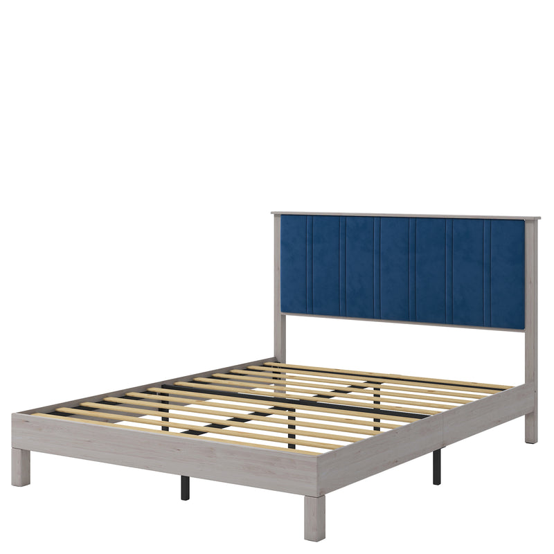 King Bed Frame, Wood with Wood Headboard Bed Frame with upholstered headboard /  Wood Foundation with Wood Slat Support / No Box Spring Needed / Easy Assembly