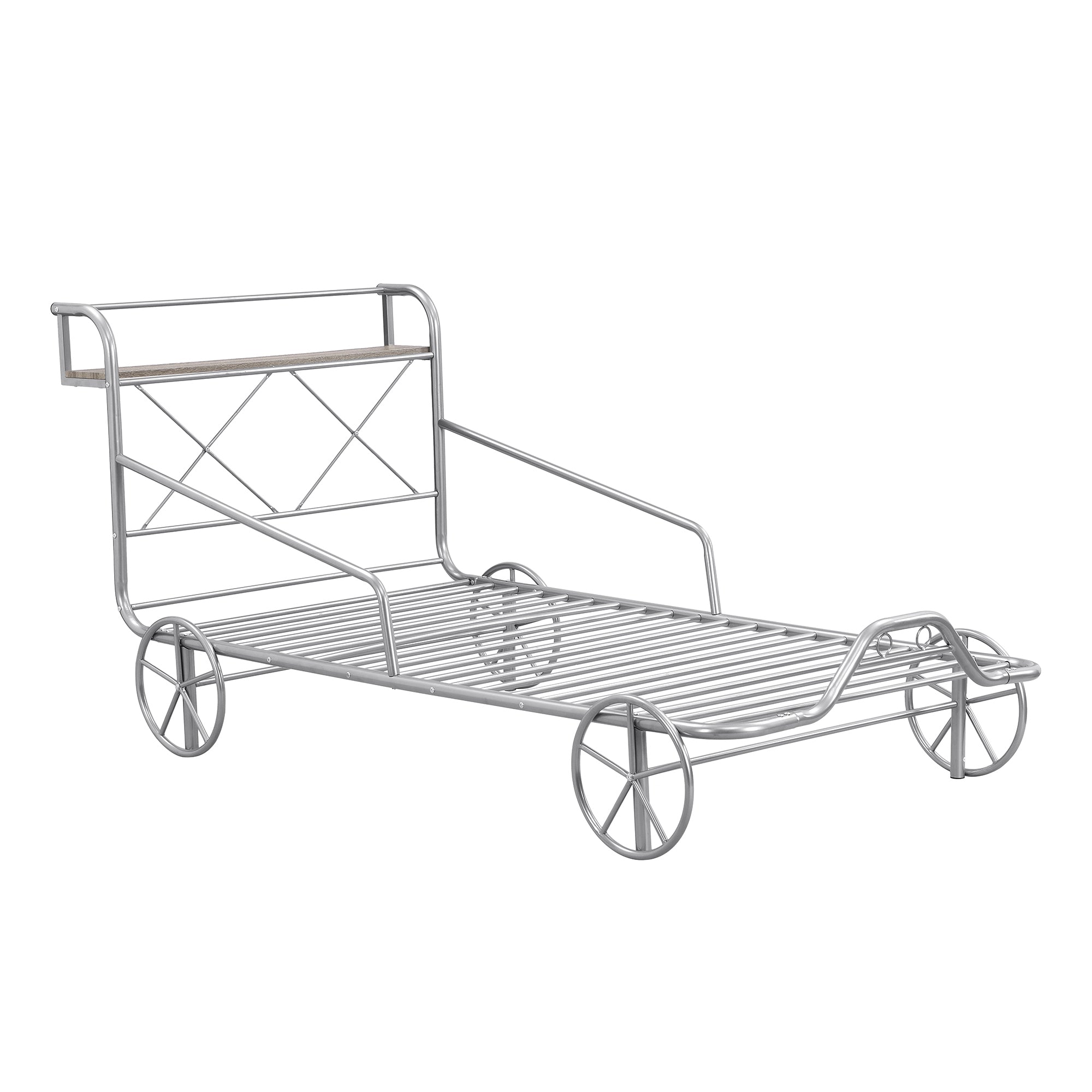 Twin Size Metal Car Bed with Four Wheels, Guardrails and  X-Shaped Frame Shelf, Silver(Old SKU: MF297599AAN) - Atlantic Fine Furniture Melbourne FL