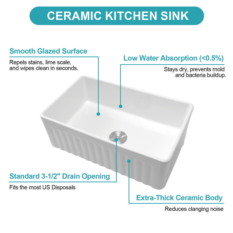 Ceramic Farmhouse Sink With Deep Basin And Stainless Steel Grid