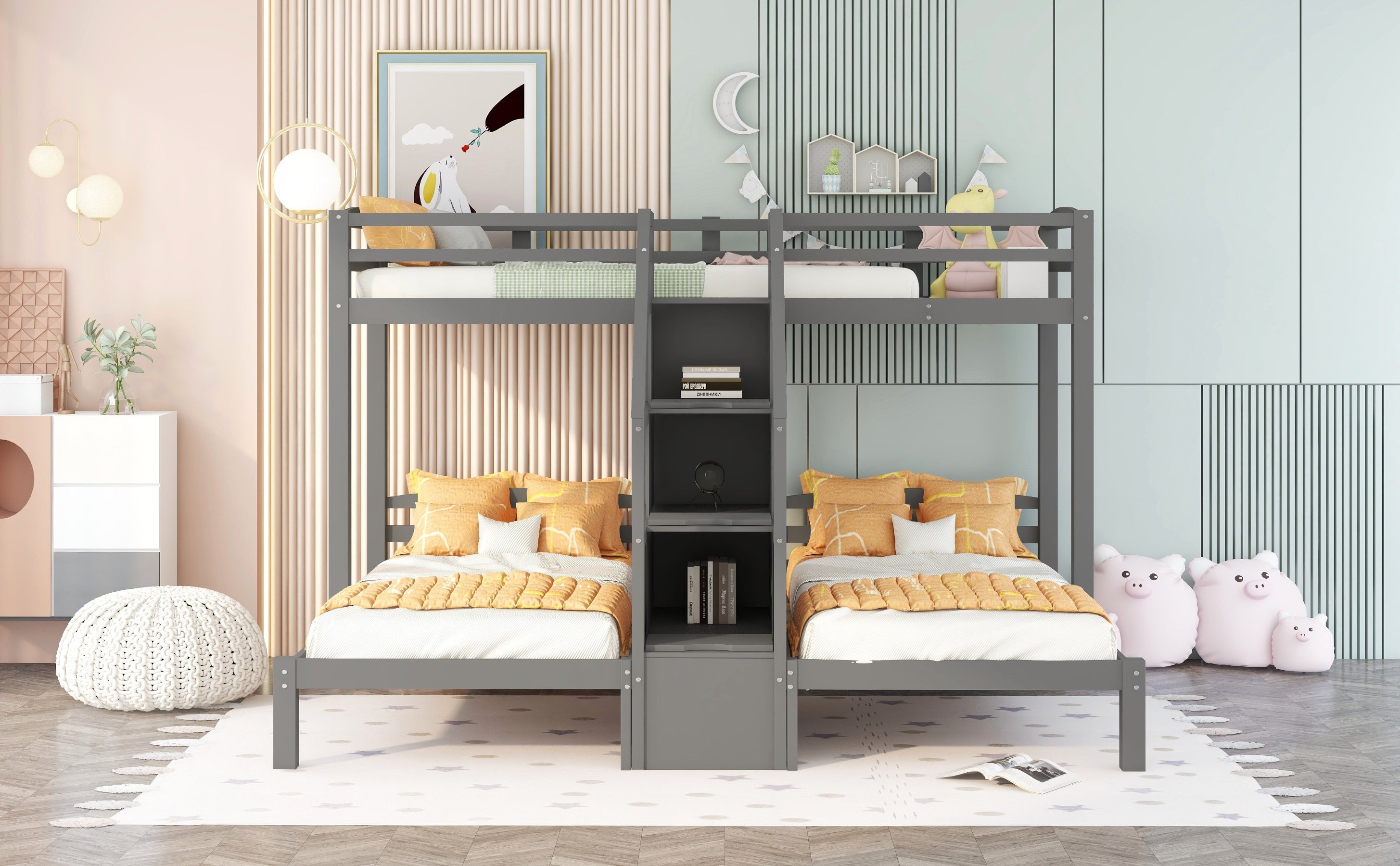 Twin over Twin & Twin Bunk Bed with Built-in Staircase and Storage Drawer,Gray - Atlantic Fine Furniture Melbourne FL