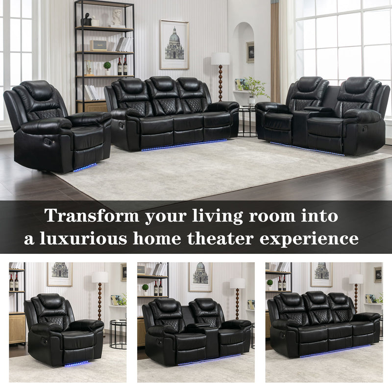 3 Pieces Recliner Sofa Sets Home Theater Seating Manual Recliner Chair With Center Console And Led Light Strip For Living Room