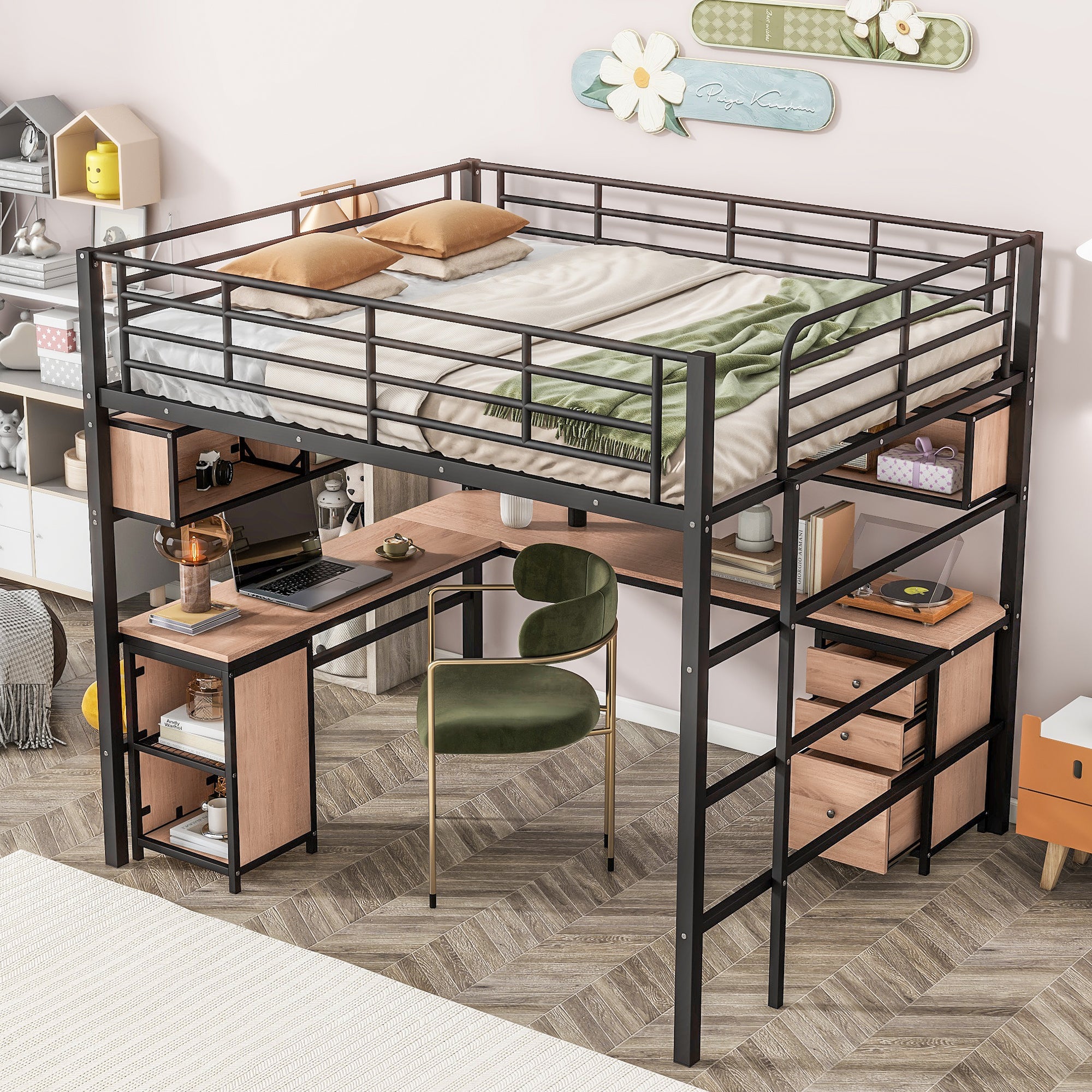 Metal Loft Bed with bookcase, desk and cabinet, Full, Black - Atlantic Fine Furniture Melbourne FL