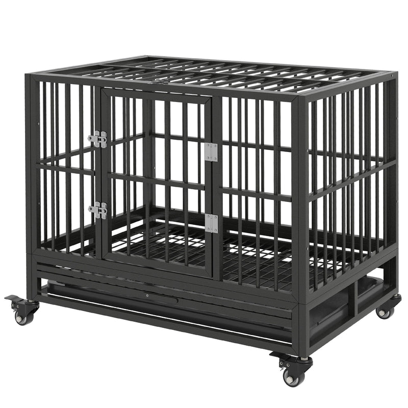 Pawhut - 36" Heavy Duty Dog Crate Metal Cage Kennel With Lockable Wheels, Double Door And Removable Tray - Gray