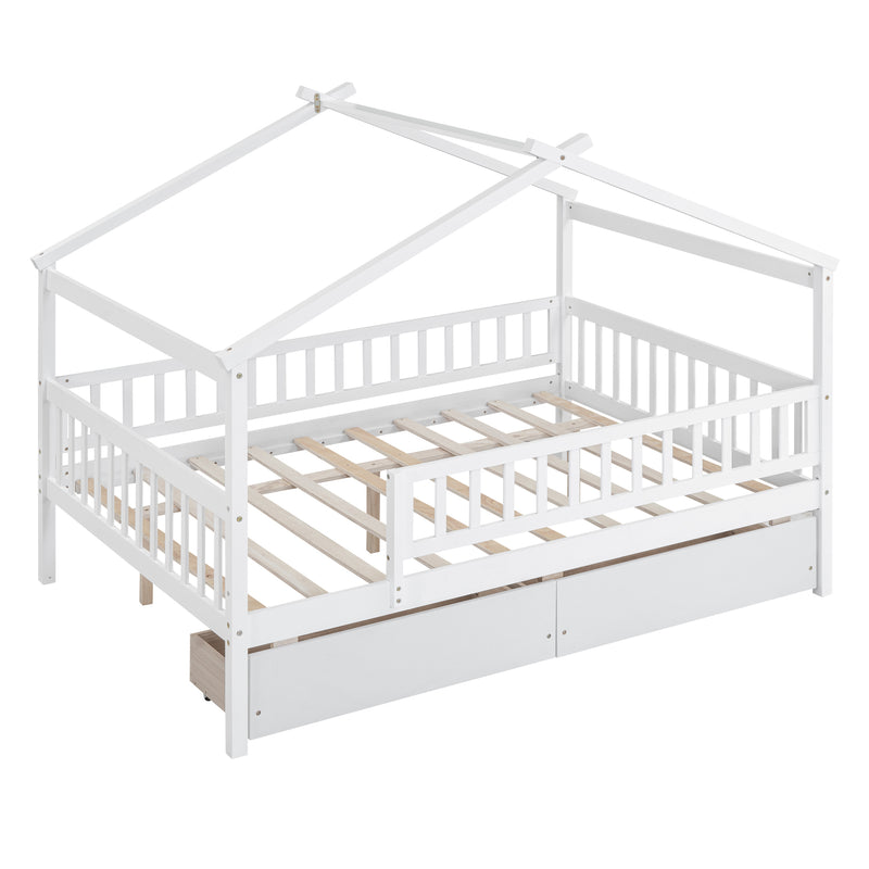 Full Size Wooden House Bed with Two Drawers, White