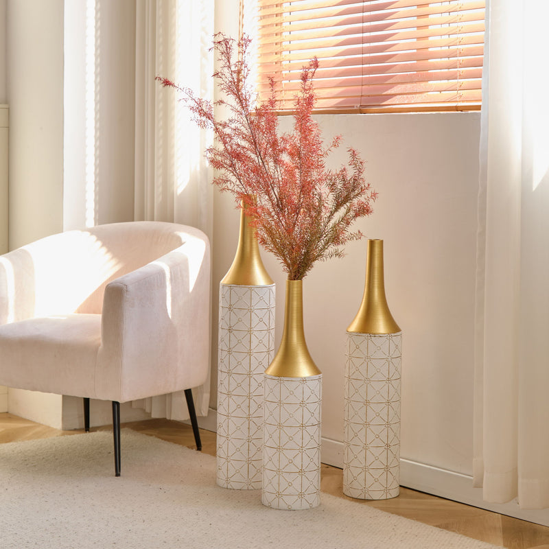 Floor Metal Vases Decorated White Metal Vases (Set of 3) Gorgeous Home Decoration Large Glazed Metal Vases - White / Gold