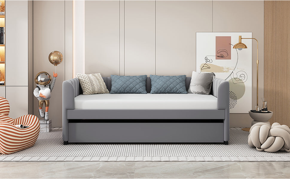 Twin Size Upholstered Daybed with Ergonomic Design Backrest and Trundle, Gray - Atlantic Fine Furniture Melbourne FL