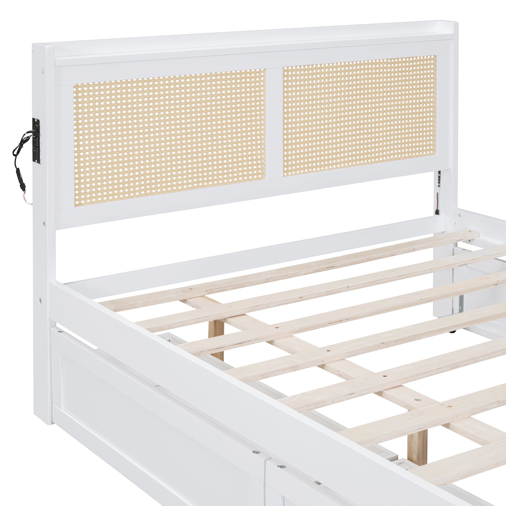 Full Size Elegant Bed Frame with Rattan Headboard and Sockets ,White - Atlantic Fine Furniture Melbourne FL