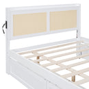 Full Size Elegant Bed Frame with Rattan Headboard and Sockets ,White