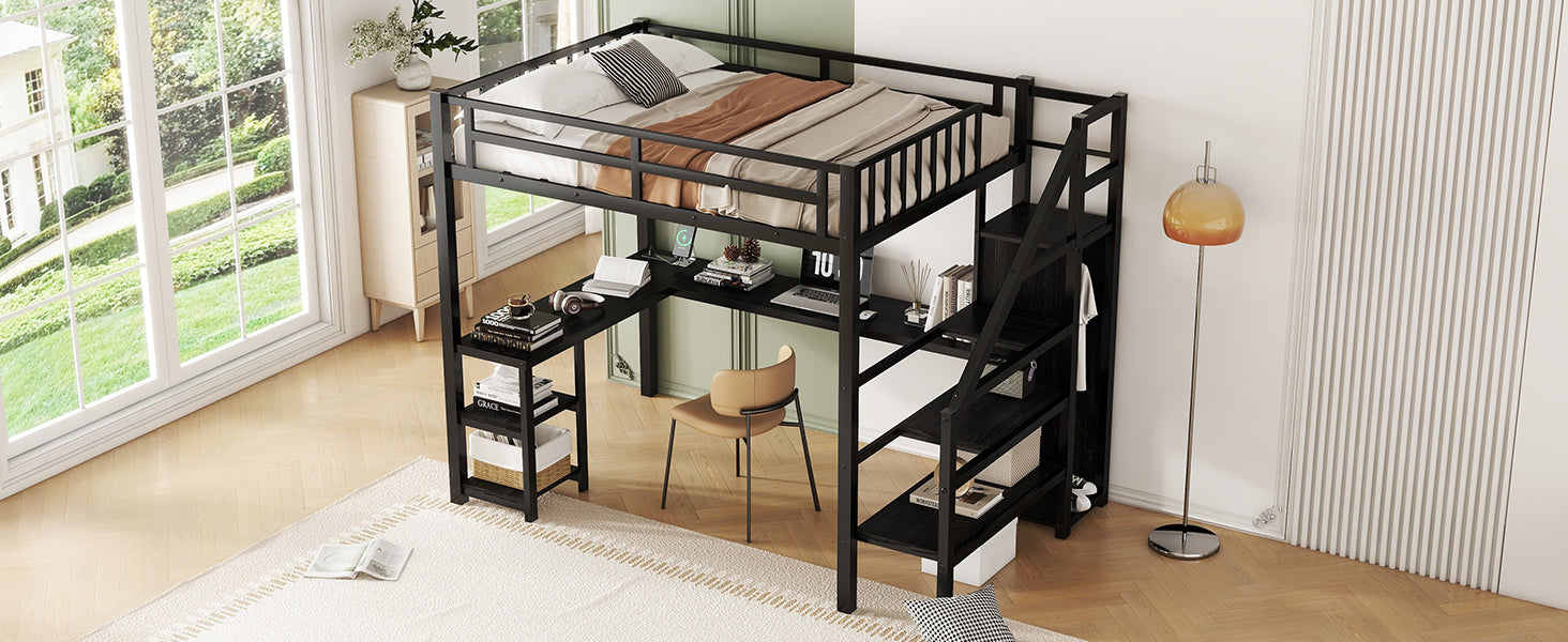 Metal Full Loft Bed with Wardrobe and LED Light, Full Size Loft Bed with L Shaped Desk and USB for Kids Teens Adults, Black (Expect arrival date 2024/5/19)
