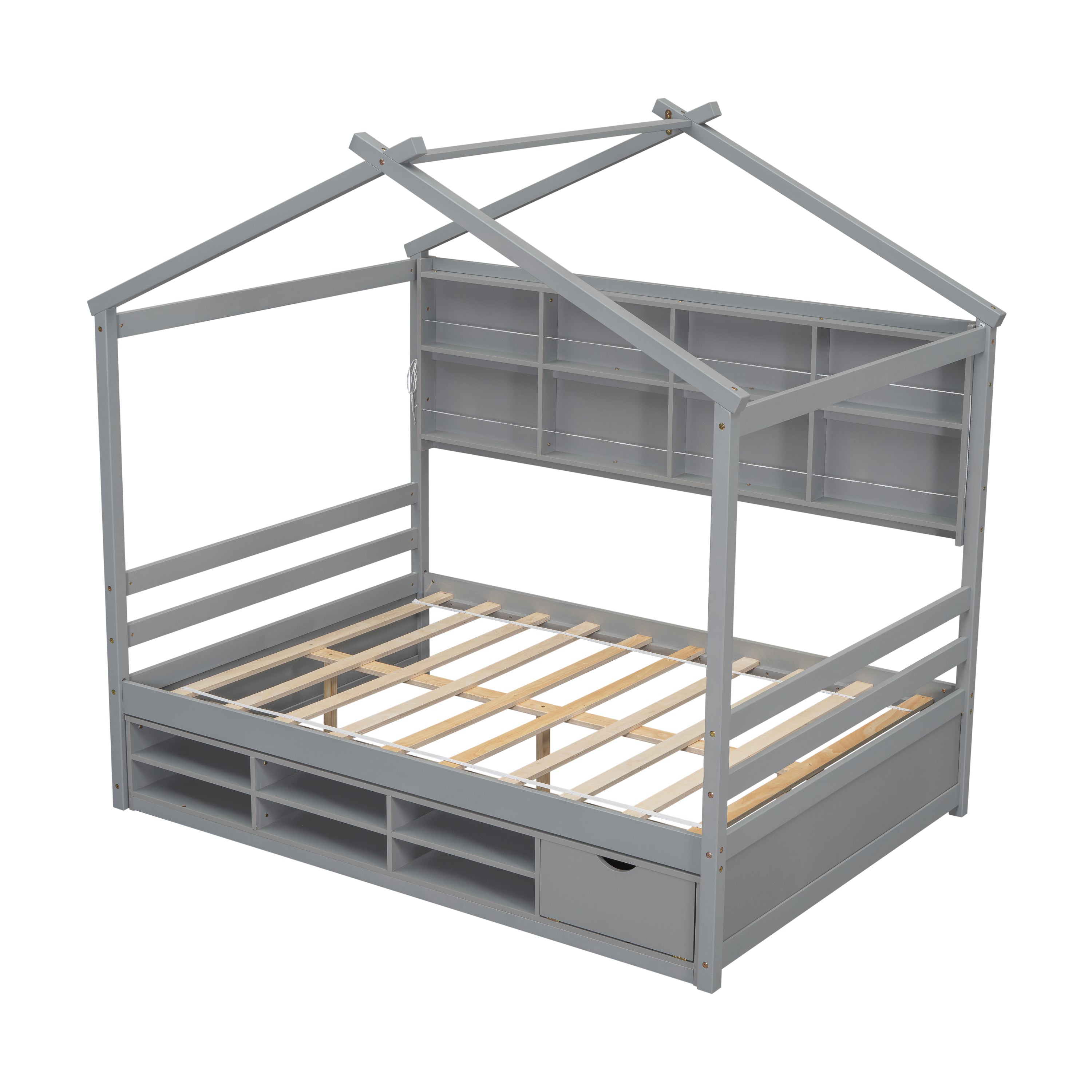 Full House Bed with Roof Frame, Bedside-shelves, Under Bed Storage Unit,Grey - Atlantic Fine Furniture Melbourne FL