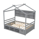 Full House Bed with Roof Frame, Bedside-shelves, Under Bed Storage Unit,Grey
