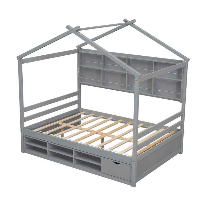 Full House Bed with Roof Frame, Bedside-shelves, Under Bed Storage Unit,Grey