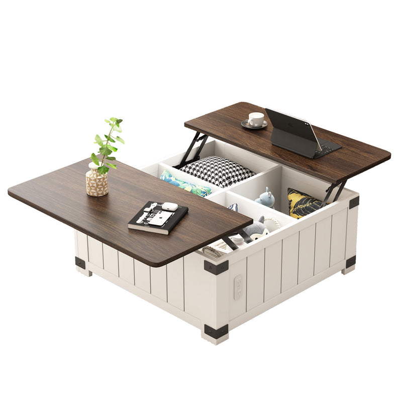 Farmhouse Style Lift Top Coffee Table With Storage And Charging Station - White Wood