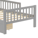 Bed With Headboard Storage Rack, 2 Under Bed Drawers, 3 Side Guardrails For Safety