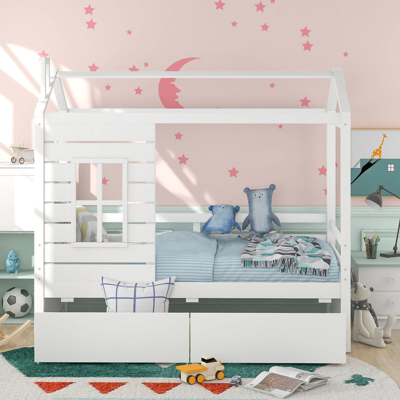 Twin Size Classic House Bed With 2 Drawers - White