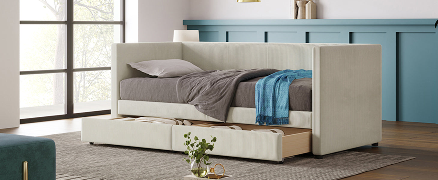 Twin Size Corduroy Daybed with Two Drawers and Wood Slat, Beige - Atlantic Fine Furniture Melbourne FL