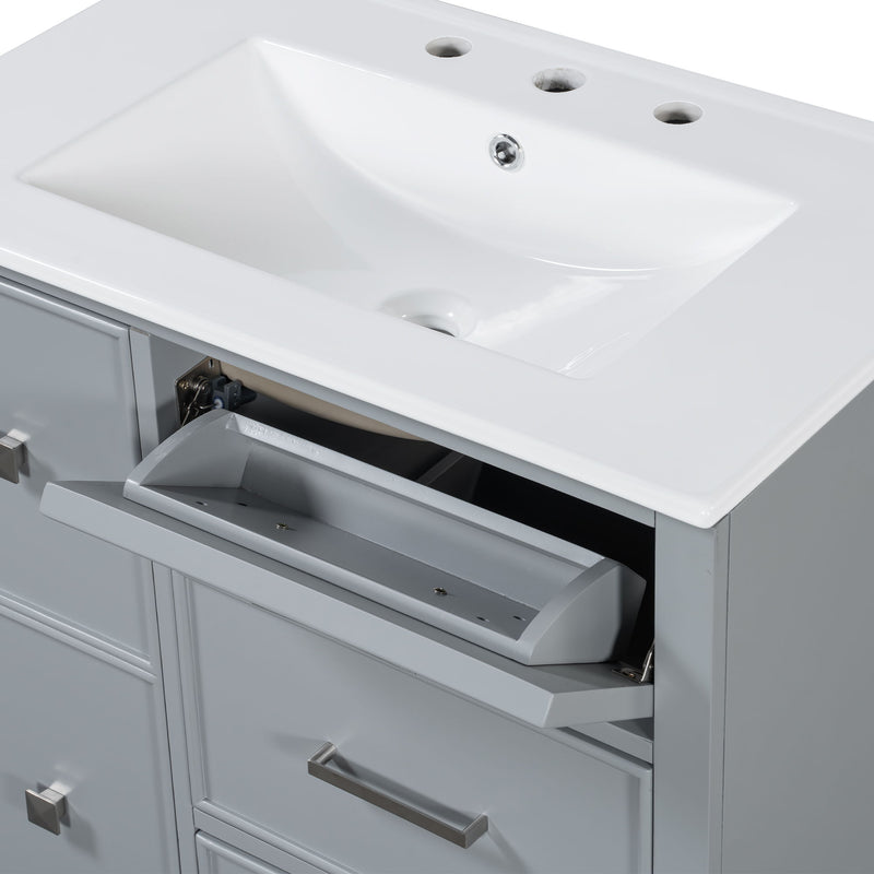 Bathroom Vanity With Ceramic Sink, Flip Out Drawer Design For Plumbing, Soft Close Drawers