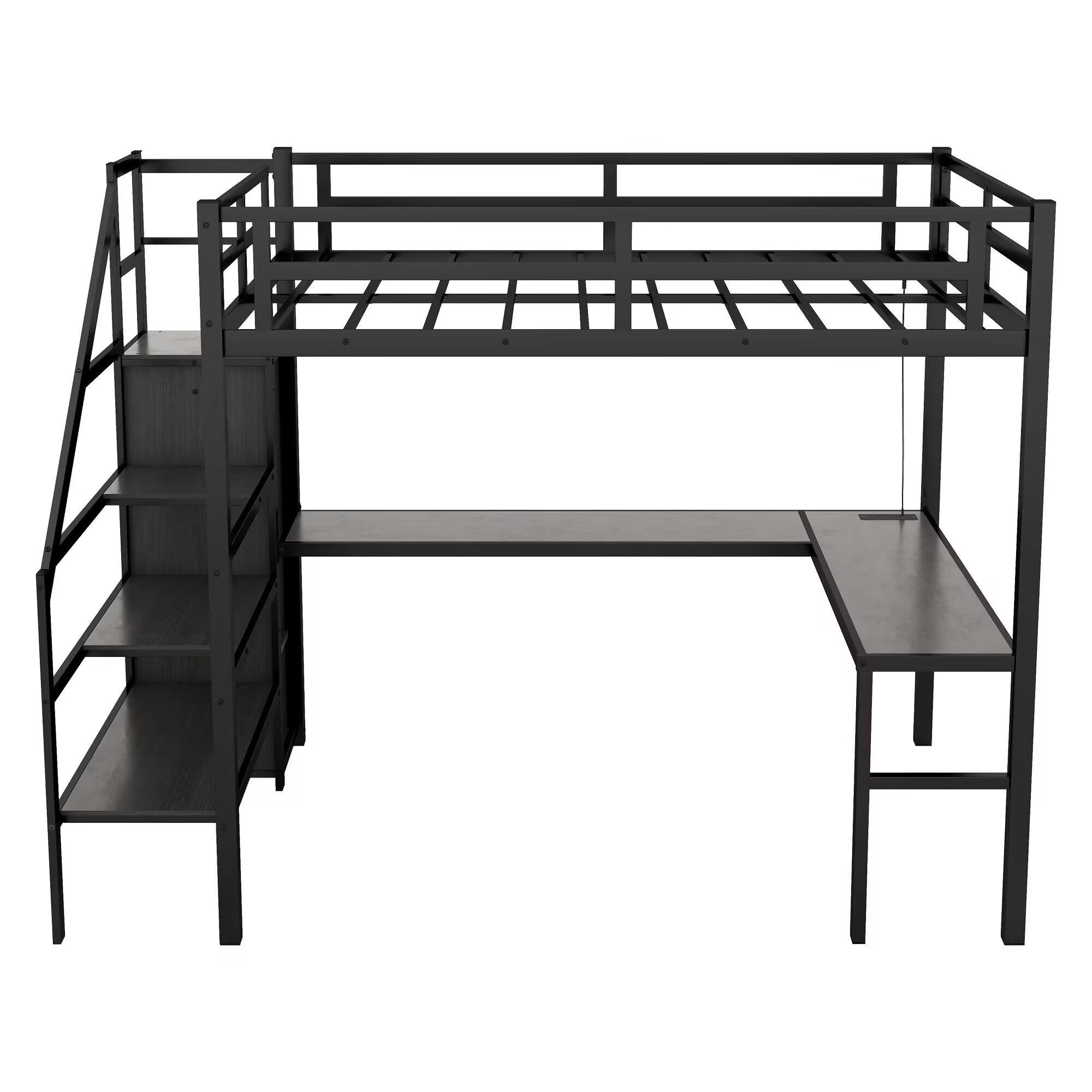 Full Size Loft Bed with L-shaped Desk and USB, Metal Loft Bed with Wardrobe and Adjustable Shelf, High Loft Bed with LED for Kids Teens Adults, Black
