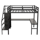 Full Size Loft Bed with L-shaped Desk and USB, Metal Loft Bed with Wardrobe and Adjustable Shelf, High Loft Bed with LED for Kids Teens Adults, Black