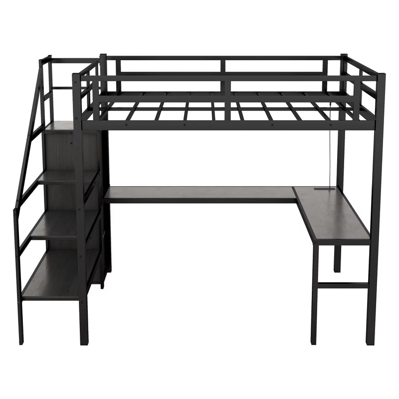 Full Size Loft Bed with L-shaped Desk and USB, Metal Loft Bed with Wardrobe and Adjustable Shelf, High Loft Bed with LED for Kids Teens Adults, Black