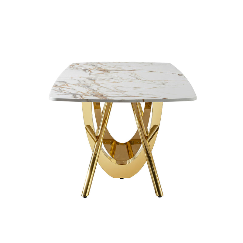 Marble Pattern Dining Table With Stainless Steel Base, Rectangular, Seats 6 Or 8 - Gold