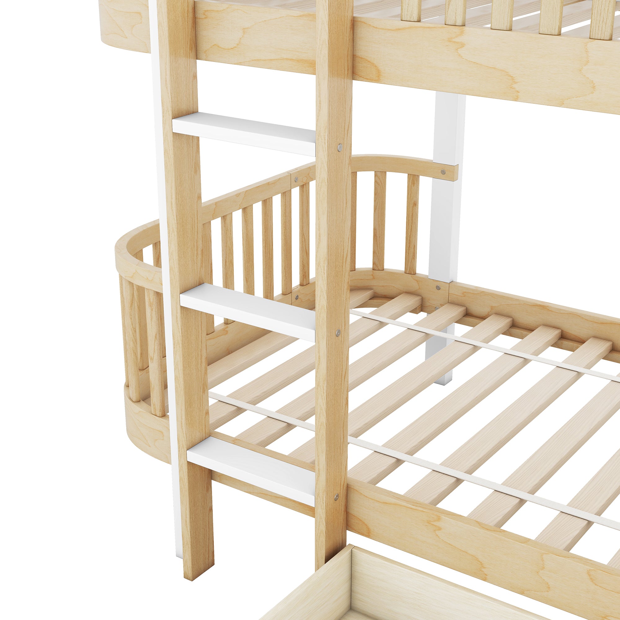Wood Twin over Twin Bunk Bed with Fence Guardrail and a Big Drawer, Natural White - Atlantic Fine Furniture Melbourne FL