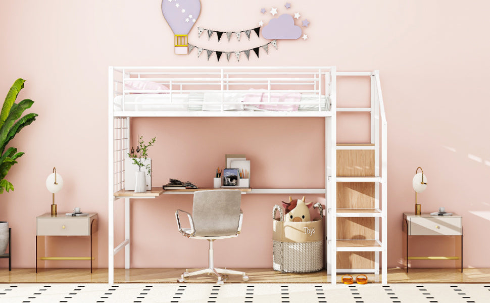 Twin Size Metal Loft Bed with Desk and Metal Grid, Stylish Metal Frame Bed with Lateral Storage Ladder and Wardrobe, White