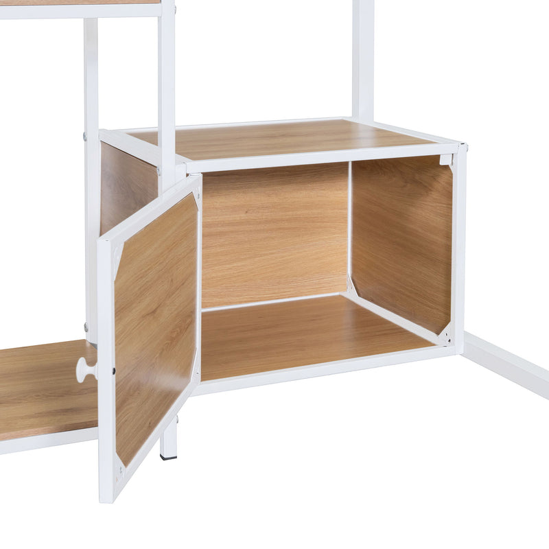 Full Size Loft Bed With Desk And Stool, With Open Style Wardrobe, Shelves And Cabinet - White