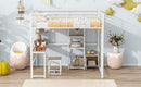 Full Size Loft Bed With Desk And Stool, With Open Style Wardrobe, Shelves And Cabinet - White