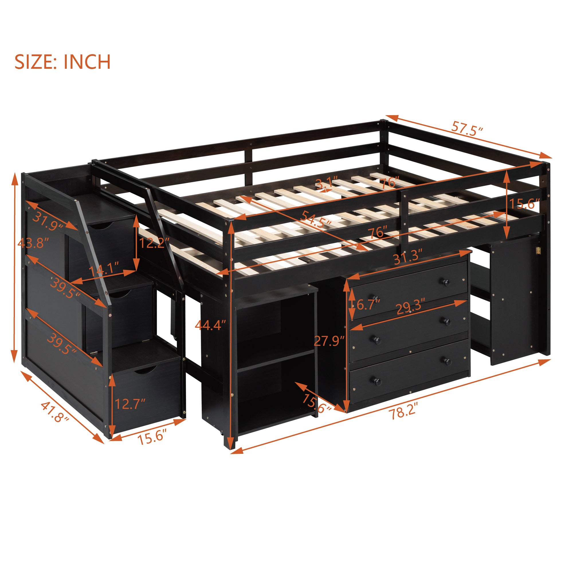 Full Size Loft Bed with Retractable Writing Desk and 3 Drawers, Wooden Loft Bed with Storage Stairs and Shelves, Espresso - Atlantic Fine Furniture Melbourne FL