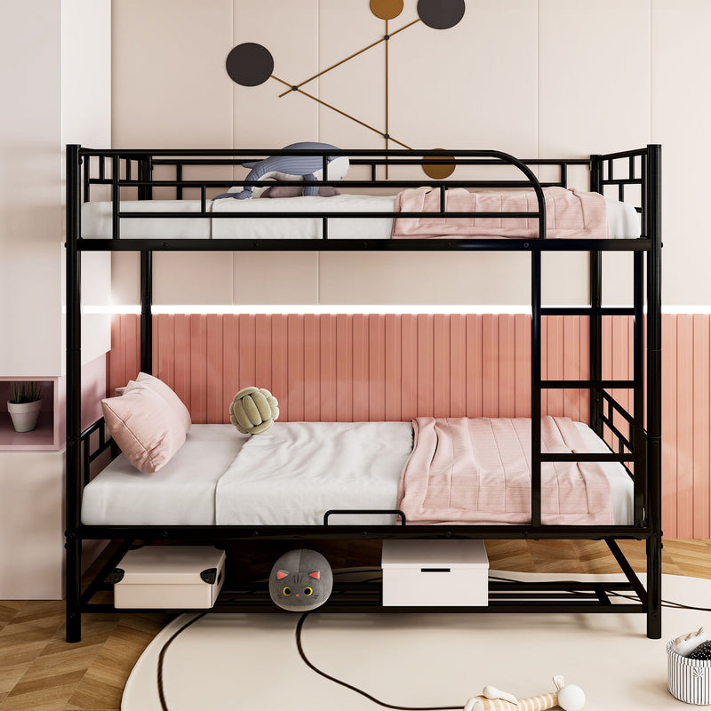 Twin Over Twin Metal Bunk Bed With Shelf And Guardrails