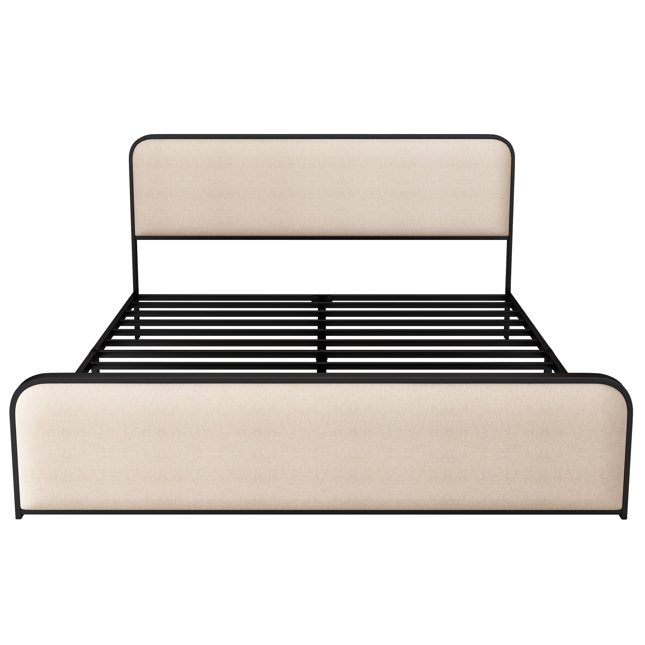 Modern Metal Bed Frame with Curved Upholstered Headboard and Footboard Bed with Under Bed Storage, Heavy Duty Metal Slats, King Size, Beige