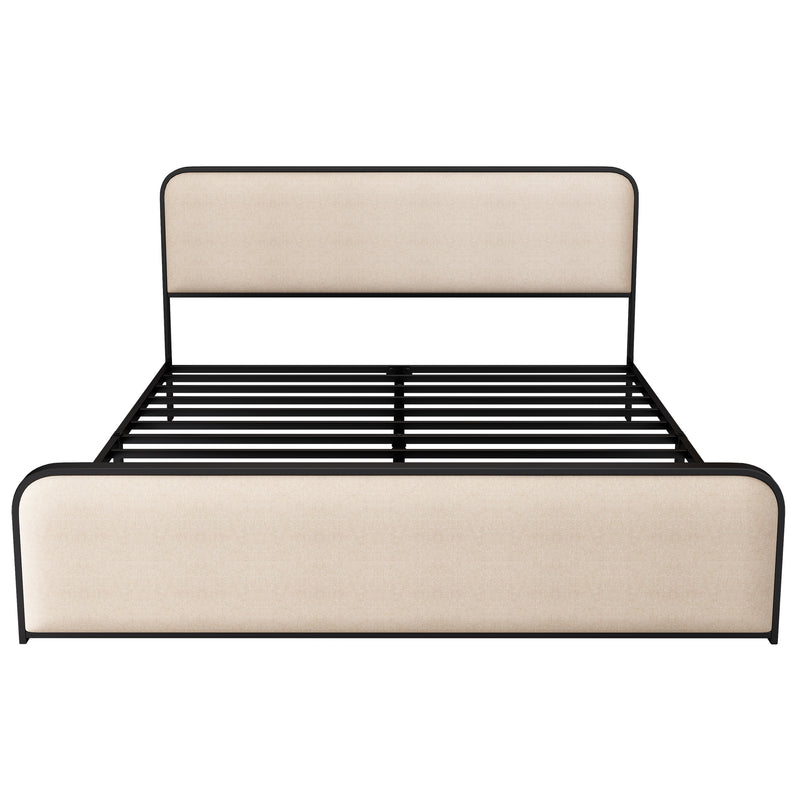 Modern Metal Bed Frame with Curved Upholstered Headboard and Footboard Bed with Under Bed Storage, Heavy Duty Metal Slats, King Size, Beige