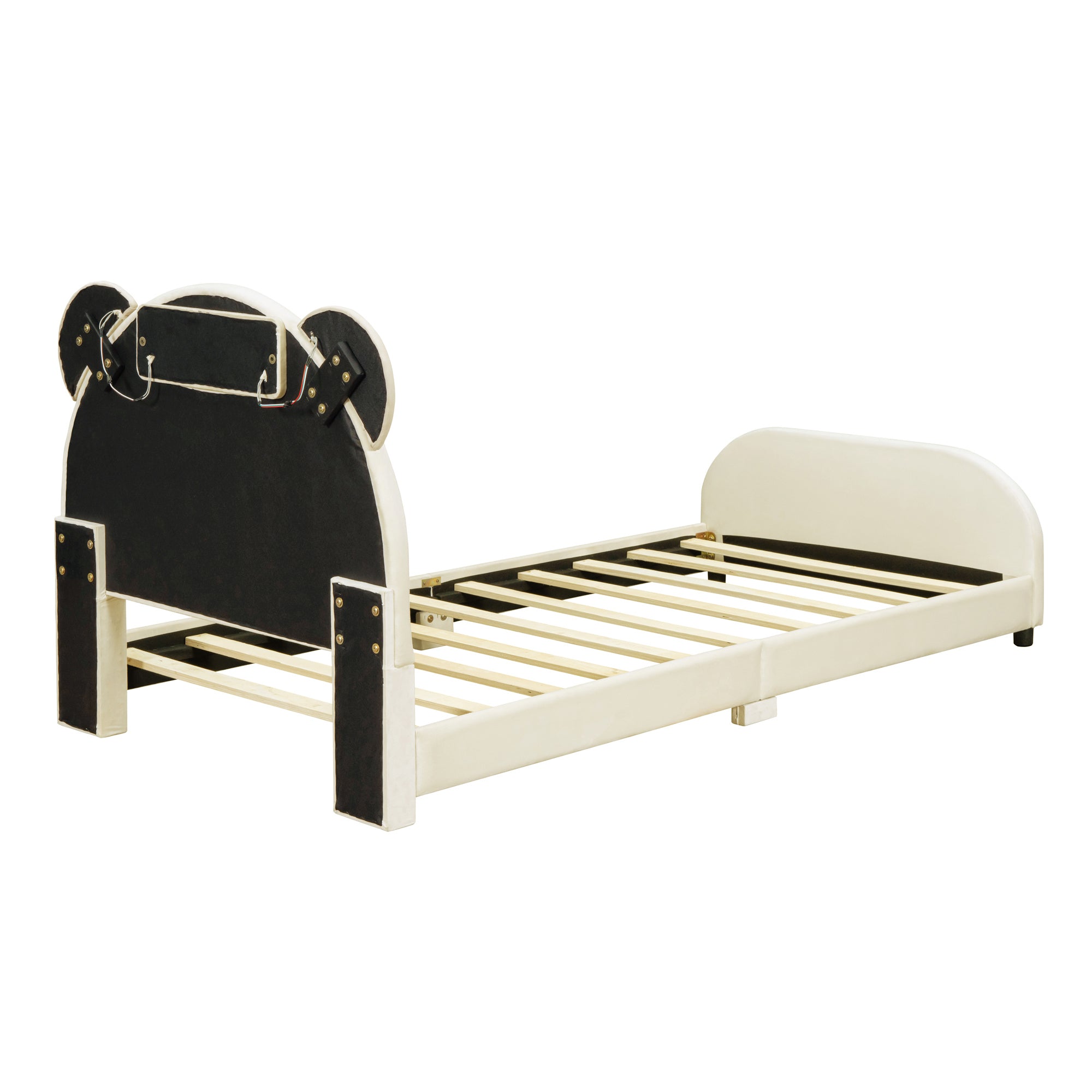 Twin Size Upholstered Platform Bed with Bear-Shaped Headboard and Embedded Light Stripe, Velvet, Beige - Atlantic Fine Furniture Melbourne FL