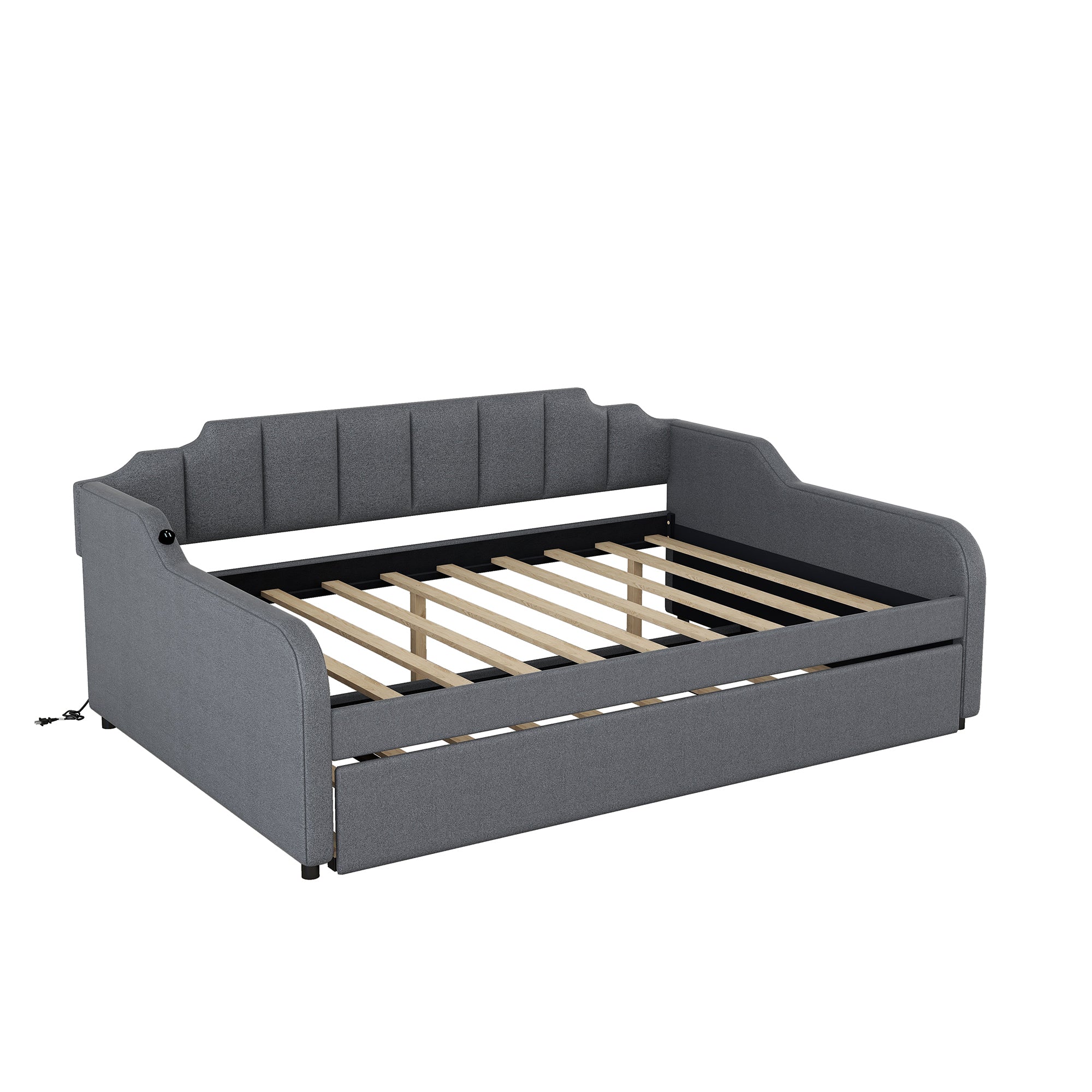 Full Size Upholstery Daybed with Trundle and USB Charging Design,Trundle can be flat or erected,Gray