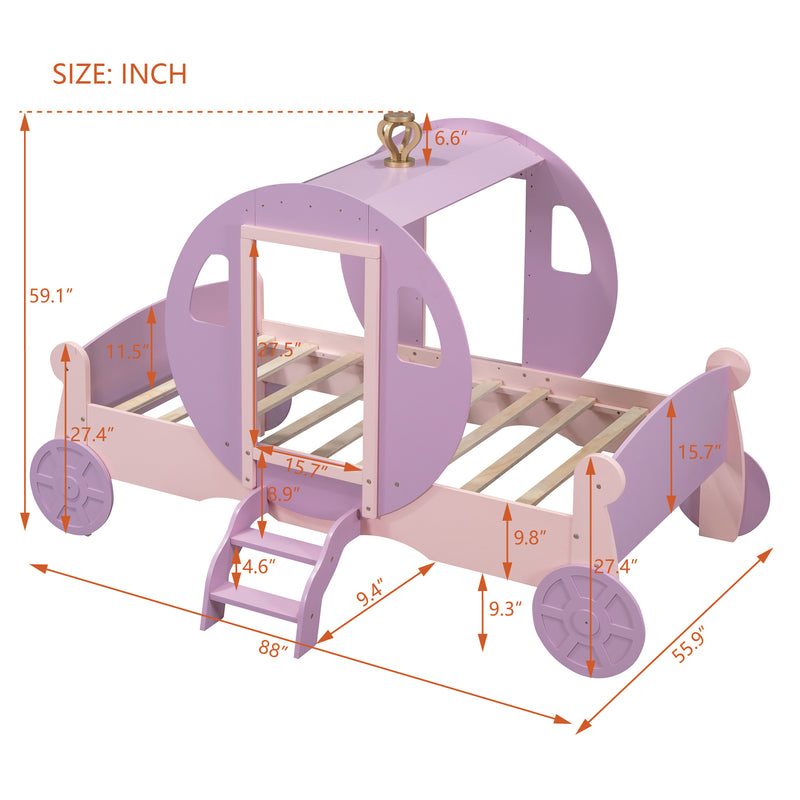 Twin size Princess Carriage Bed with Crown,Wood Platform Car Bed with Stair,Purple+Pink