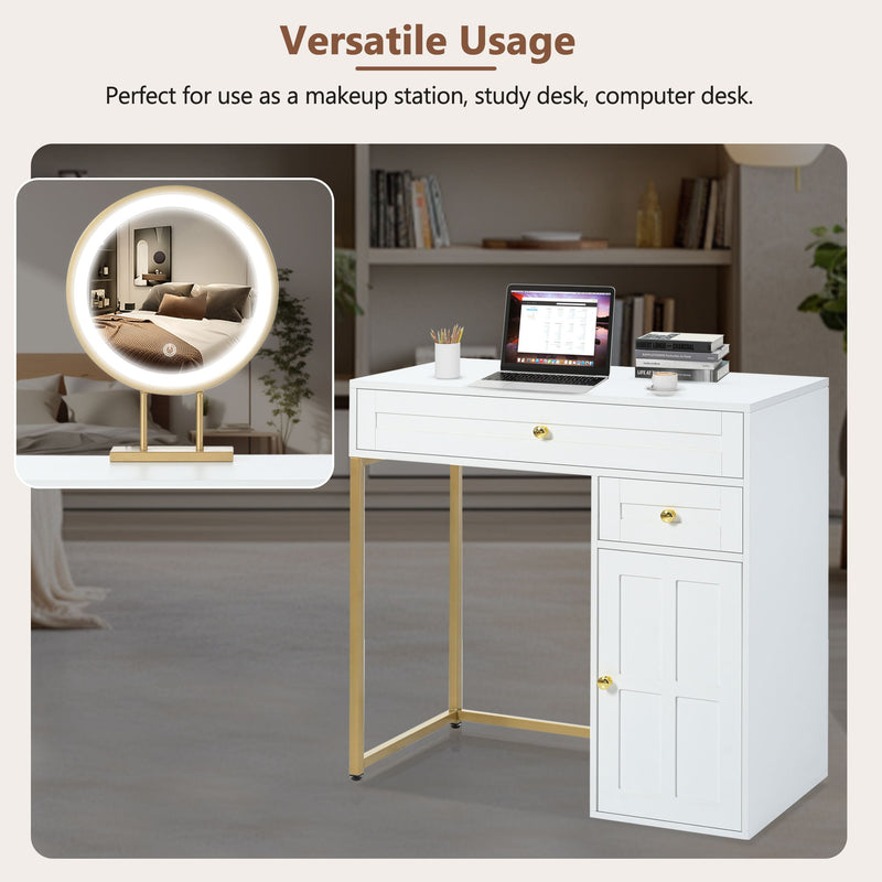 Makeup Vanity Desk With Lighted Mirror, Luxury Dressing Table With 2 Drawers And 1 Cabinet, 3 Lighting Modes Available For Bedroom - White / Gold