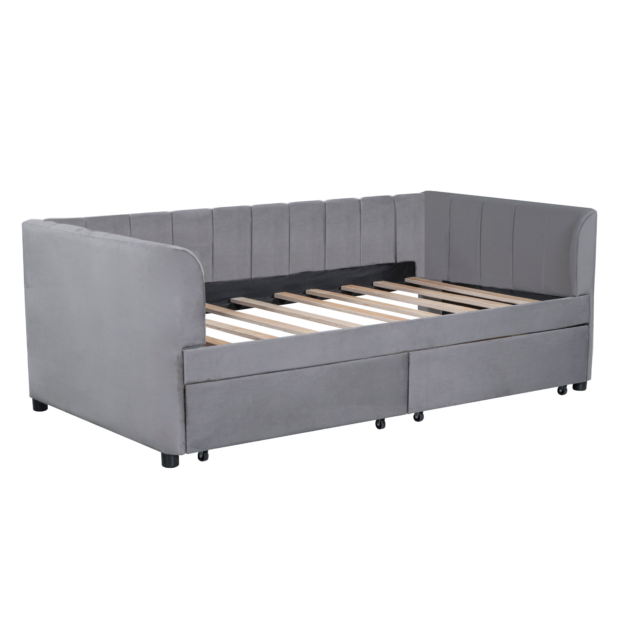 Twin Size Upholstered Daybed with Ergonomic Design Backrest and 2 Drawers, Gray - Atlantic Fine Furniture Melbourne FL