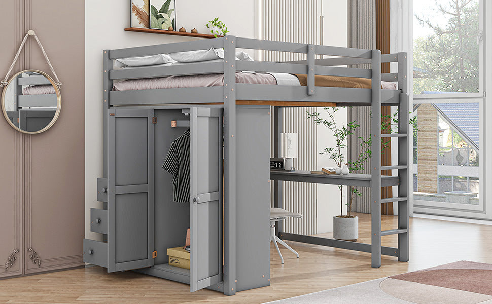 Wood Full Size Loft Bed with Built-in Wardrobe, Desk, Storage Shelves and Drawers, Gray - Atlantic Fine Furniture Melbourne FL