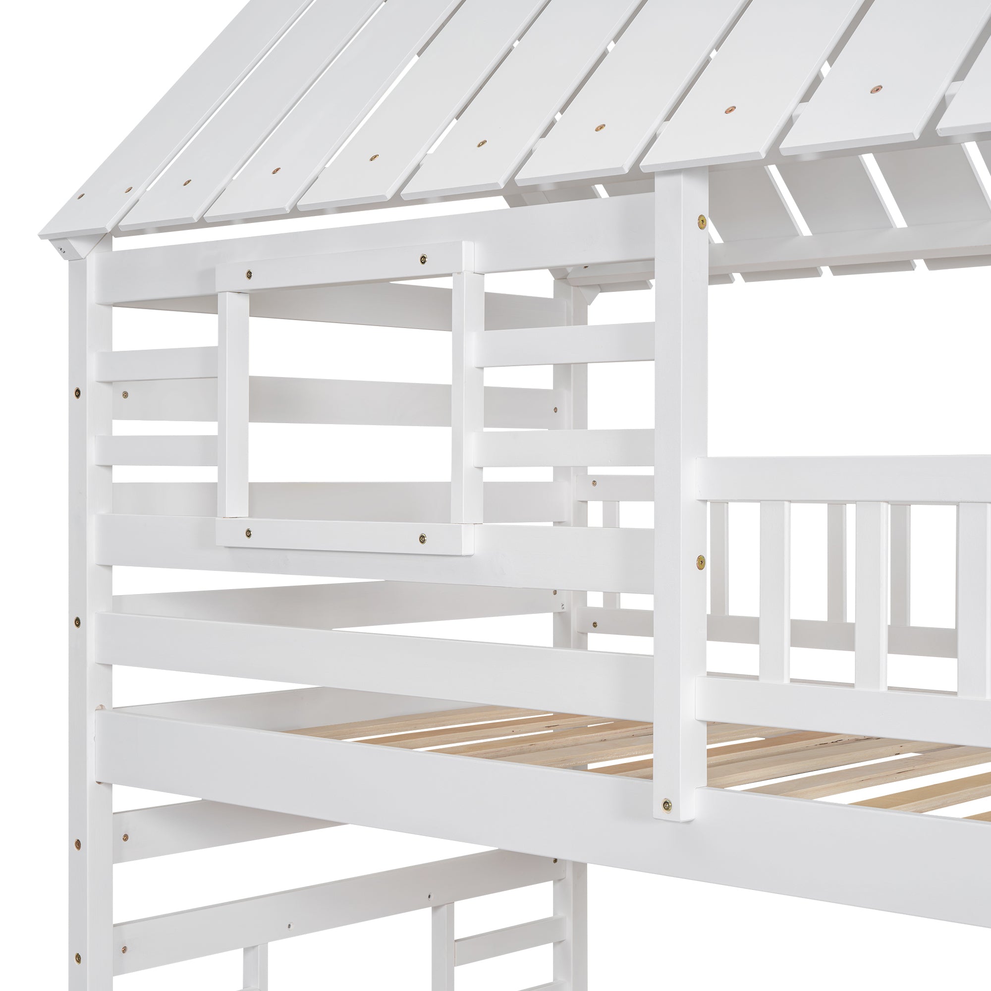 Twin over Twin House Bunk Bed with Trundle and Slide, Storage Staircase, Roof and Window Design, White(Old SKU: GX000931AAK) - Atlantic Fine Furniture Melbourne FL