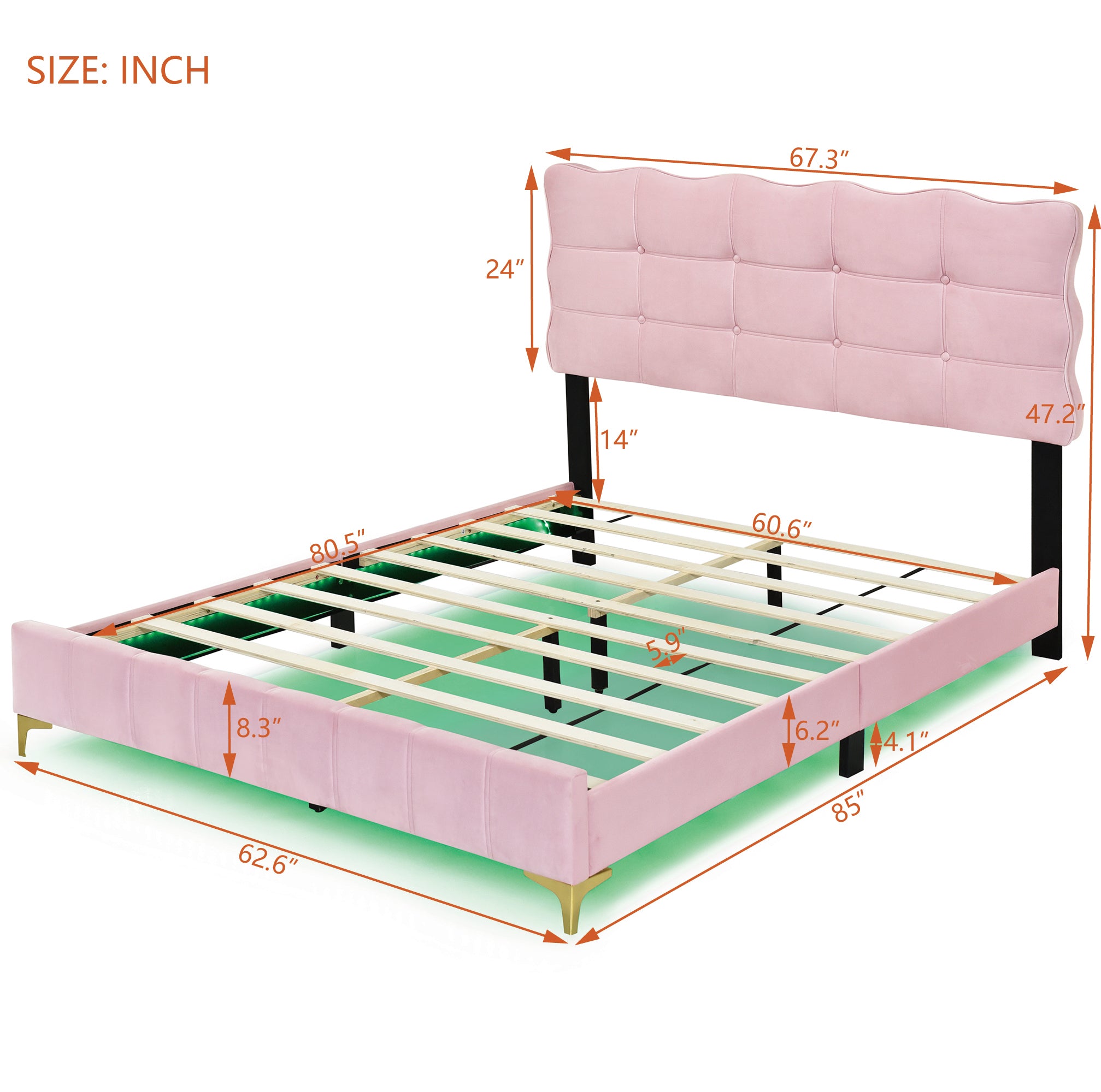 Queen Size Velvet Platform Bed with LED Frame and Stylish Mental Bed Legs, Pink - Atlantic Fine Furniture Melbourne FL
