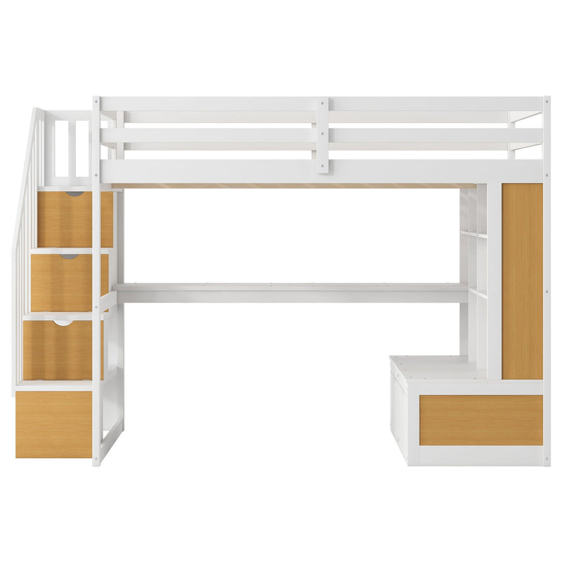 Full Size Loft Bed With Desk And Shelves, 2 Built In Drawers, Storage Staircase - Natural / White