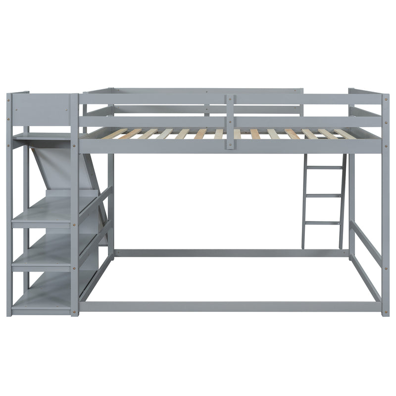 Full over Full Bunk Bed with Ladder, Slide and Shelves, Gray