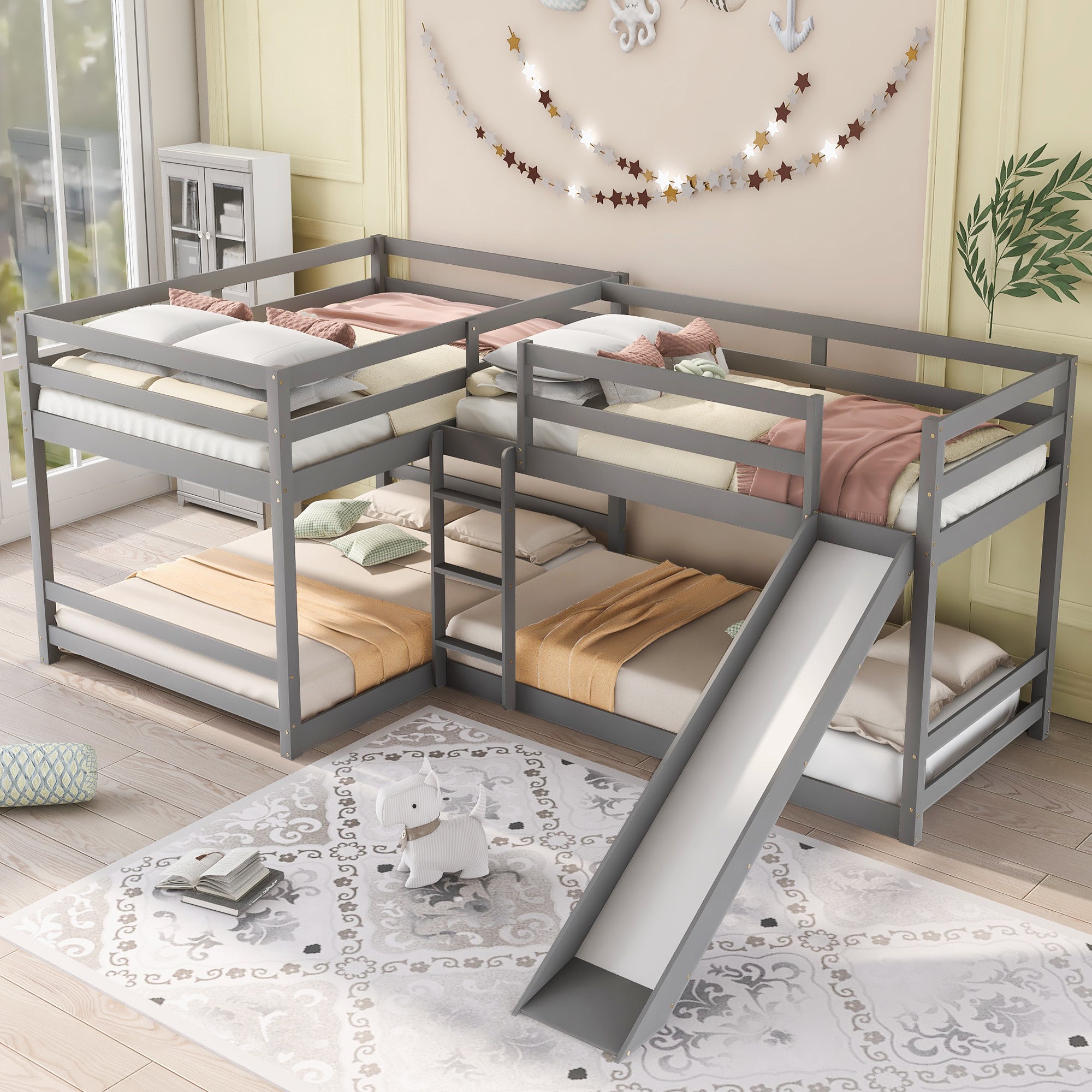 Full and Twin Size L-Shaped Bunk Bed with Slide and Short Ladder,Gray - Atlantic Fine Furniture Melbourne FL