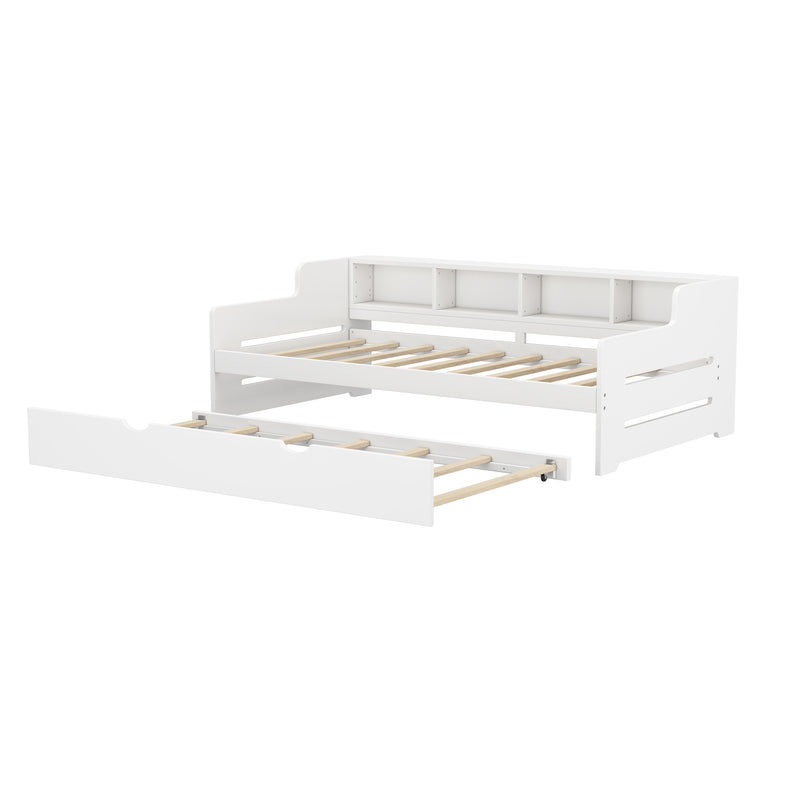 Twin Size Wooden Day Bed with Trundle for Guest Room, Small Bedroom, Study Room, White